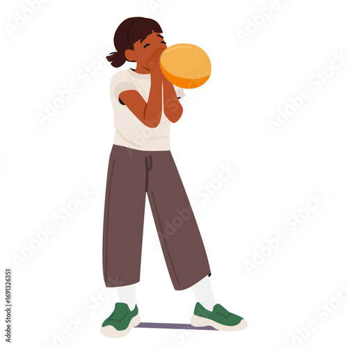 Casual preteen girl child cartoon character blowing balloon making breath exercise isolated on white