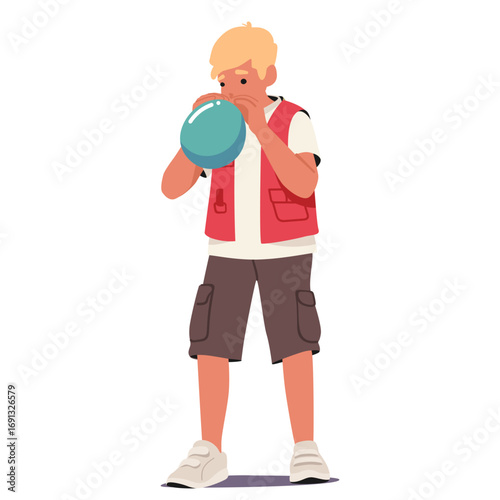 Teenager boy child cartoon character blowing balloon enjoying leisure activity and playtime