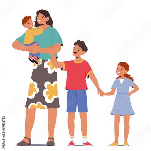 Happy smiling mother with three adorable children of different age isolated on white background