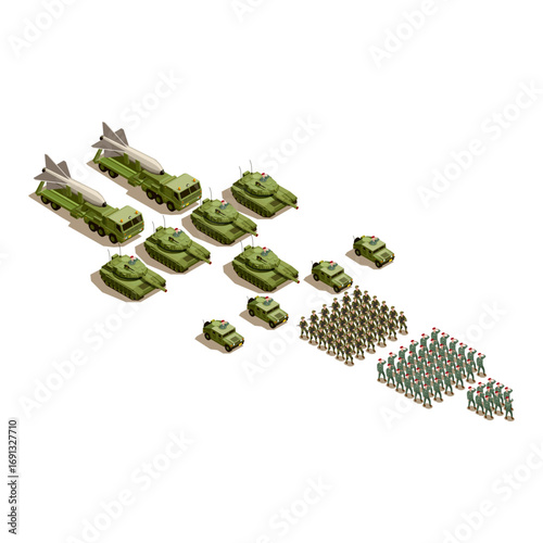 Strategic set isometric combat units modern tanks, missile systems, and disciplined soldiers