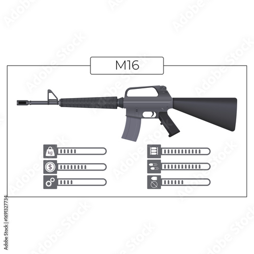 Illustration of an M16 Rifle with Statistics Displayed on a White Background