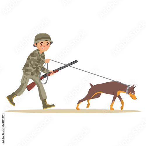 Soldier in camouflage uniform walking a Doberman Pinscher dog on a leash