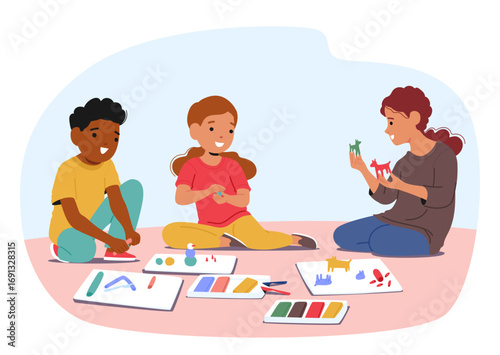 Cute girls children cartoon characters playing with clay plasticine modeling sculpture of animals