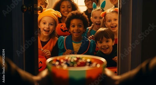 Excited diverse children in costumes eagerly reach for halloween candy treat bowl