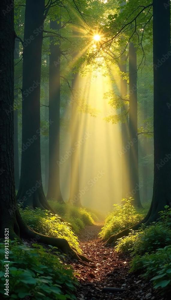 Naklejka premium Golden sunbeams piercing through gaps in a dense forest canopy, illuminating the forest floor with dappled light A magical, serene scene perfect for nature and fantasy themes , canopy, sunbeam