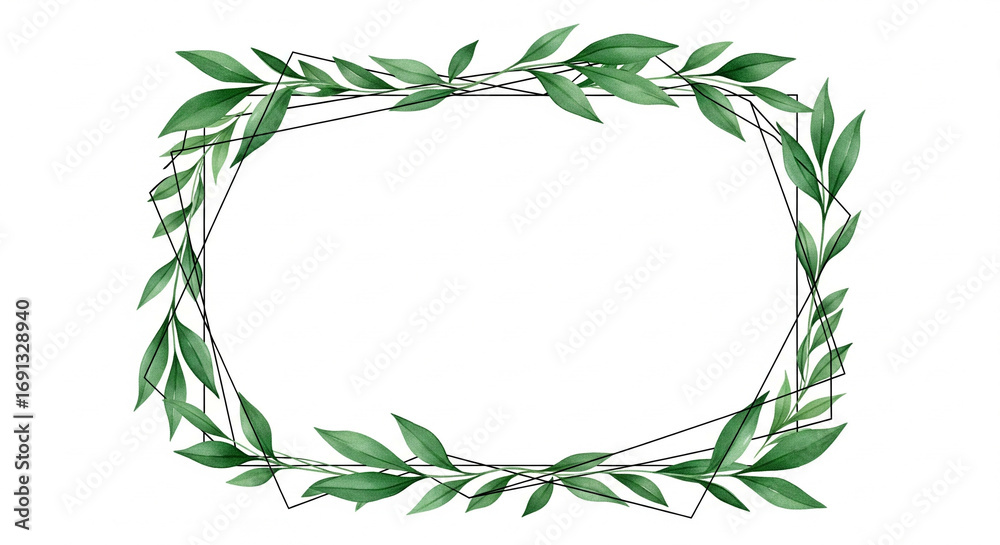 Obraz premium Geometric black line frame decorated with green leafy branches, on an isolated transparent background.