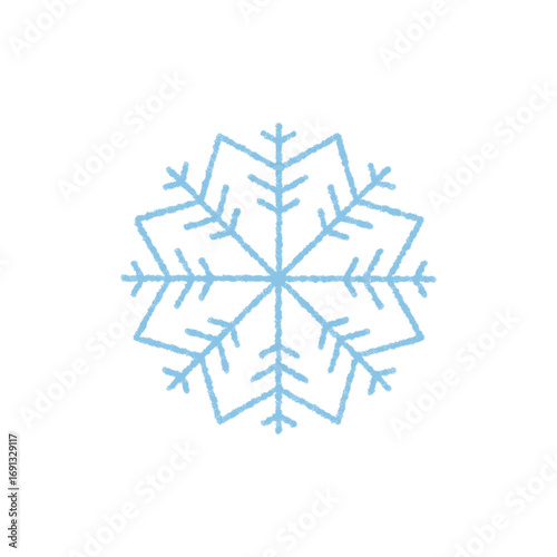 Blue crayon snowflake symbol with icy ornament creates a cold winter element. Frozen frost and delicate ice in this christmas snow flake for holiday, chilly weather and seasonal decoration.