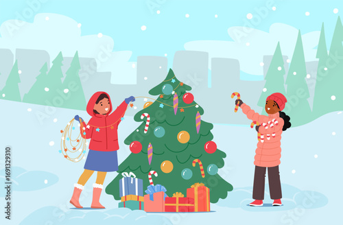 Happy friends cute kids decorating christmas tree outside enjoying holiday preparation cartoon scene