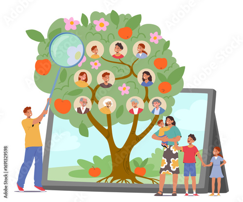 Tiny family members studying genealogical tree with help of online services on laptop tablet