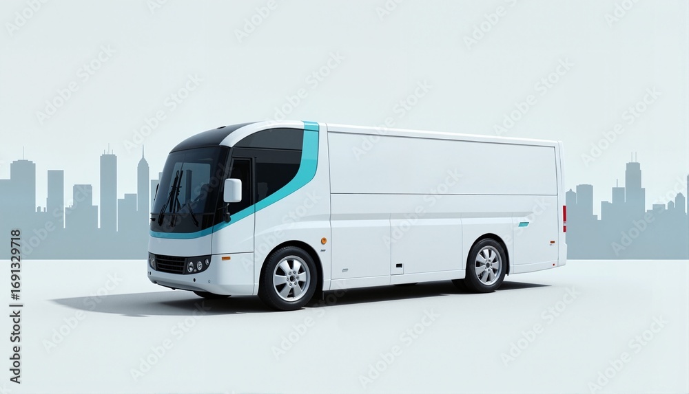 Naklejka premium Futuristic electric bus design parked against a minimalistic city skyline background, showcasing eco-friendly urban transportation concept of public transport or city planning