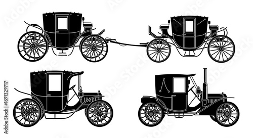 Four vintage carriages and automobiles displayed in a graphic illustrative style drawing design art