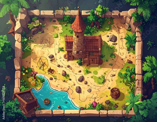 Overhead view of a vibrant fantasy board game map featuring a central tower, winding paths, a river, and lush jungle foliage.