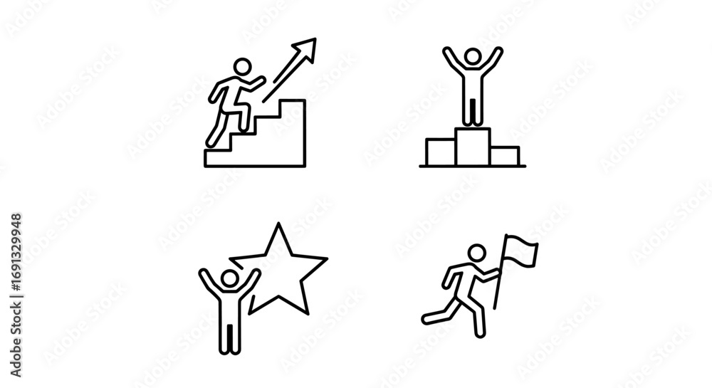 Naklejka premium Line drawings depicting progress, success, and achievement on a plain white presentation