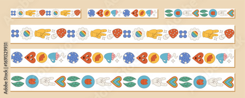 Groovy retro seamless border pattern set in colorful style. Doodle heart, flower, mushroom, and smiley elements combine as playful seamless border and frame with y2k design concept for creative