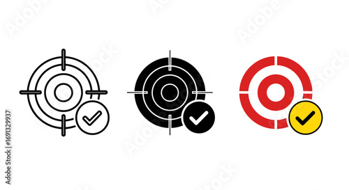 Three targets with check marks indicating success in varied graphic representations and hues displayed