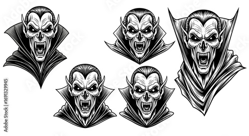 Collection of vampire portraits with sharp fangs and capes in monochrome illustration style art