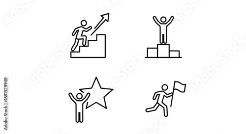 Line drawings depicting progress, success, and achievement on a plain white presentation