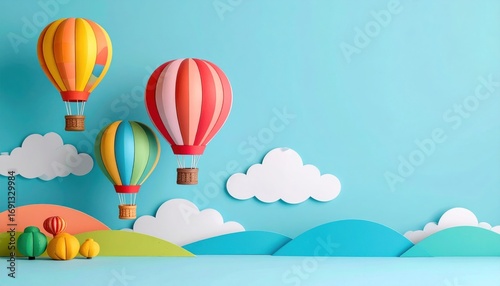 Colorful Hot Air Balloons Floating Above a Textured Landscape Against a Bright Blue Backdrop