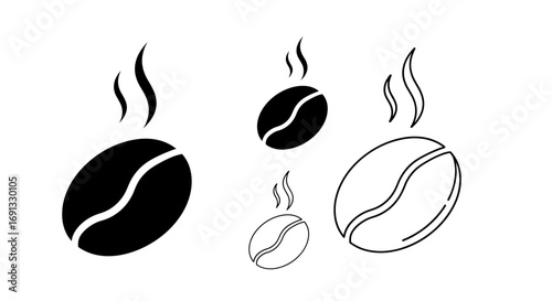 Various coffee beans with steam rising in graphic style on a clean white presentation plane