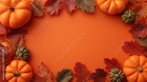 a frame of pumpkins and colorful autumn leaves on an orange background, creating copy space for text or design in the center.