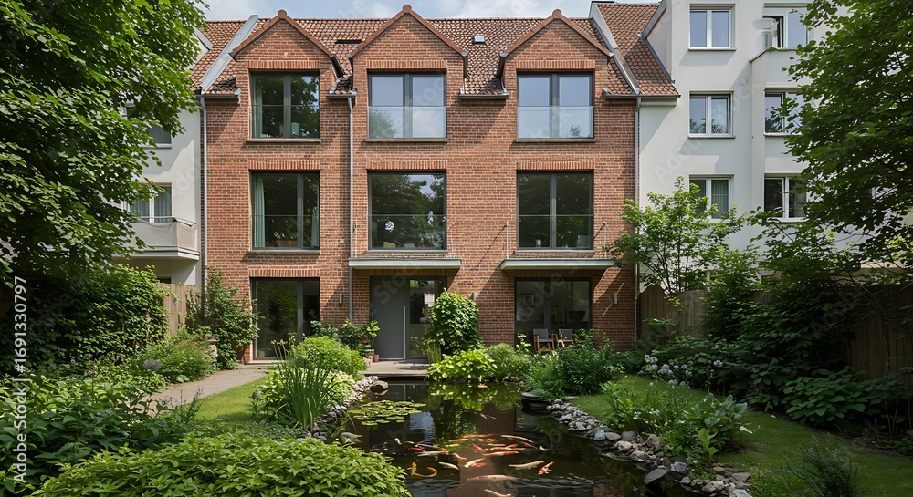 Fototapeta premium Exterior of a contemporary house located in the heart of Berlin, featuring charming brickwork with a tranquil koi pond.