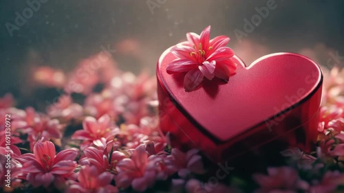 A heart-shaped box with a pink flower on top of it. The box is red and placed on top of a bed of pink flowers