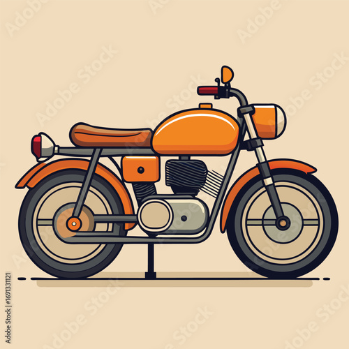 Retro orange motorcycle side view flat design vibrant color style classic bike