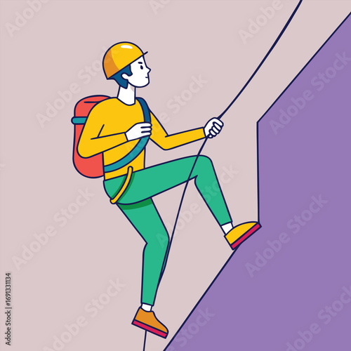 Active person in helmet and backpack rock climbing up a steep purple cliff face