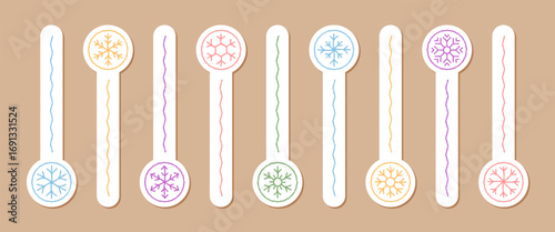 Pastel crayon snowflake sticker set for box lid and ornament. This holiday icon fits winter xmas decoration, with colorful snow flake illustration and festive sticker collection.