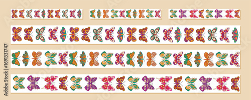 Groovy retro seamless butterfly border set in colorful floral pattern. Funky and spring frame uses seamless pattern as a creative and modern border, perfect for vibrant y2k or graphic projects.