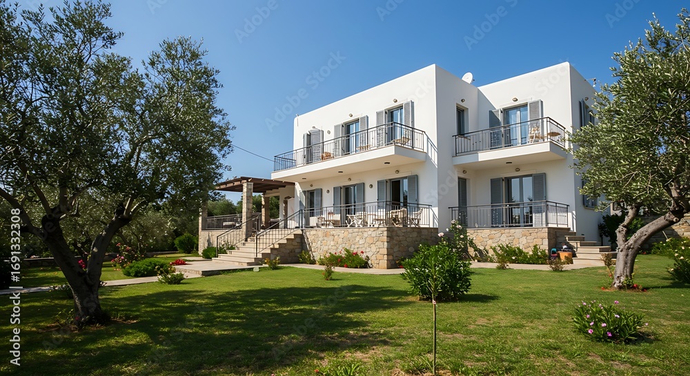 Fototapeta premium Stylish Exterior of a contemporary house located in a Greek island villa, featuring intricate iron railings with lush green gardens. Perfect for Dream Living