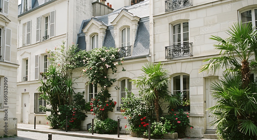 Fototapeta premium Exterior of a classic house located in a historic Parisian street, featuring whitewashed exteriors with tropical landscaping. Premium Home Exterior Inspiration