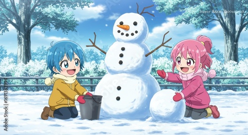 Two cheerful anime kids, a boy and a girl, joyfully building a snowman together in a winter wonderland scene