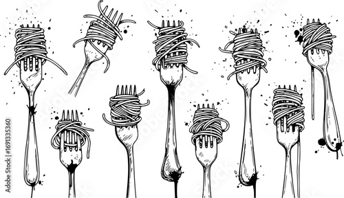 set of Spaghetti on Fork Black Ink Drawing. Hand Drawn Pasta Illustration in Vintage Engraving Style