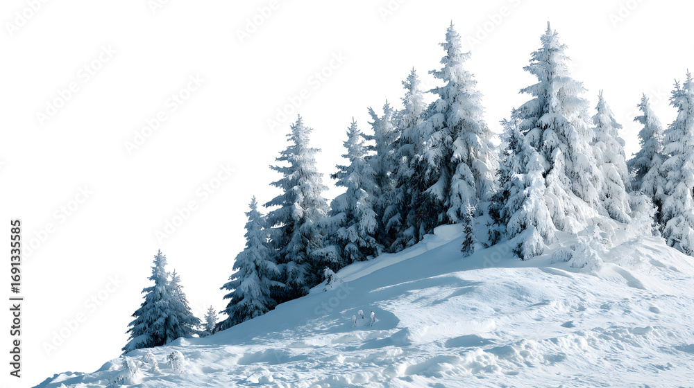 Fototapeta premium snow-covered fir trees on a snowy hill landscape isolated on white background
