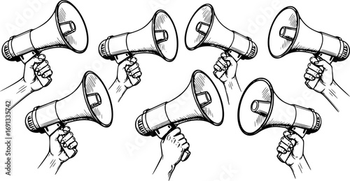 set of Vector Illustration of Hand Holding Megaphone. Loudspeaker Announcement Symbol for Marketing, Promotion and Advertising Design