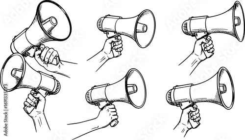 set of Vector Illustration of Hand Holding Megaphone. Loudspeaker Announcement Symbol for Marketing, Promotion and Advertising Design