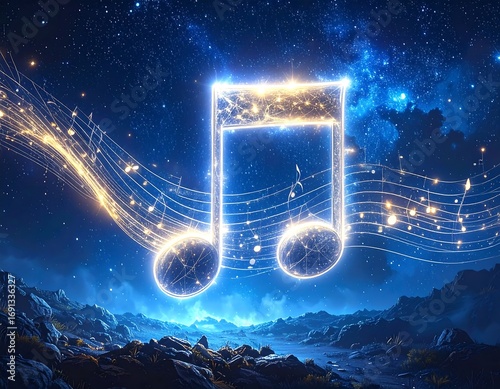 Glowing musical note in starry night landscape