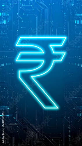 Glowing rupee symbol on circuit board