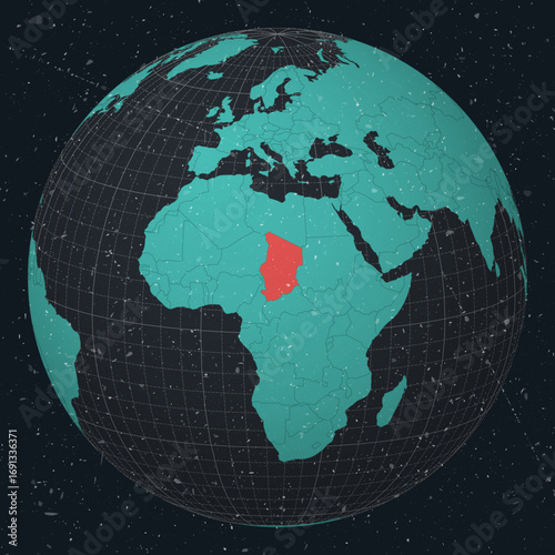 Republic of Chad on Globe. Vintage look with grunge scratched texture. Country view on world map in Dark Charcoal Turquoise color palette. Chad shape on map. Globe with meridians and parallels.