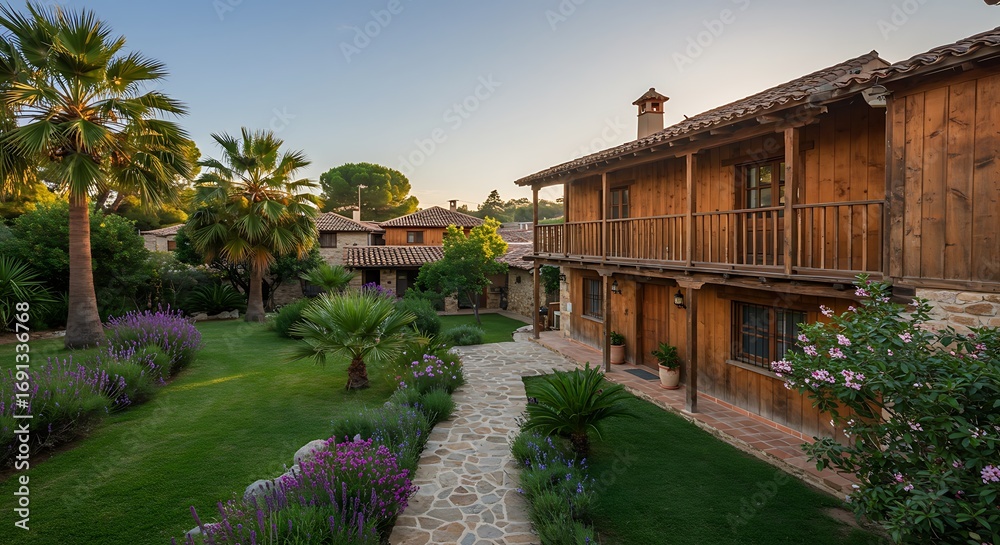 Fototapeta premium Exterior of a rustic house located in a picturesque Spanish village, featuring natural wood paneling with tropical landscaping.