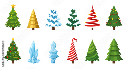 Collection of various stylized Christmas tree designs, showcasing different decorations and shapes.