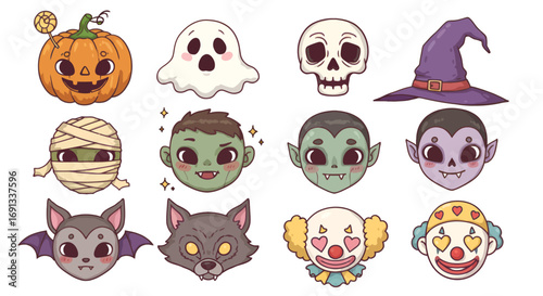 Cute Halloween character icons: pumpkin, ghost, skull, witch hat, mummy, zombie, vampire, bat, werewolf, clown.