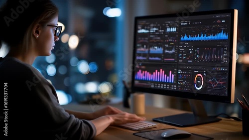 Professional analyzing data on computer screen at night with charts and graphs in a dimly lit modern workspace