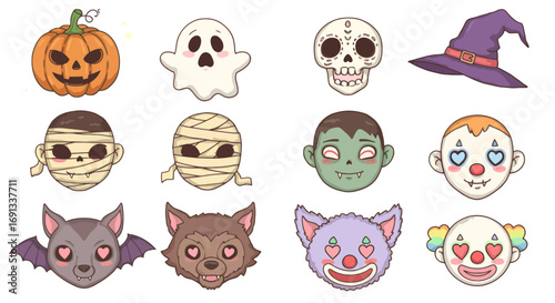 Cute Halloween character icons: pumpkin, ghost, skull, witch hat, mummy, zombie, clown, bat, werewolf, cat.