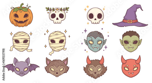 Cute Halloween character icons: pumpkin, skulls, mummy, vampire, werewolf, devil.