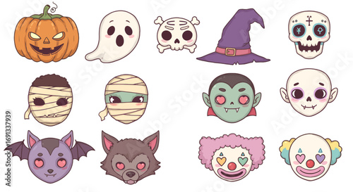 A collection of various cartoon Halloween characters, featuring pumpkins, ghosts, and skulls.