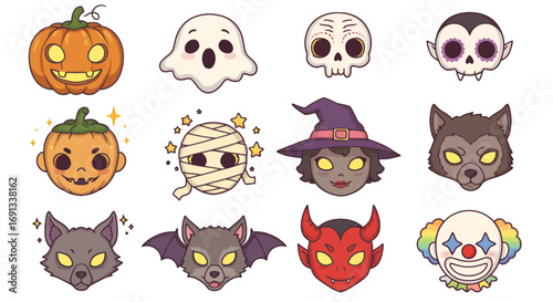 A collection of cartoon Halloween character illustrations showcasing various spooky creatures and symbols.