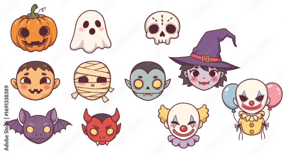 Fototapeta premium A collection of cartoon Halloween icons including a pumpkin, ghost, skull, witch, mummy, vampire, devil, bat and two clowns.