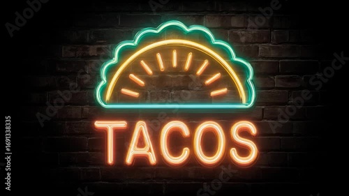 Bright neon taco sign illuminates a cozy eatery at night